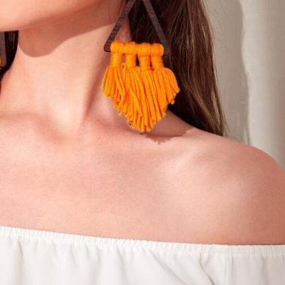 TODAY is Orange Women's Wooden Tassel Drop Earrings - Picture 4 of 7